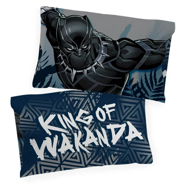 Two pillowcases: Black Panther leaping and King of Wakanda lettering