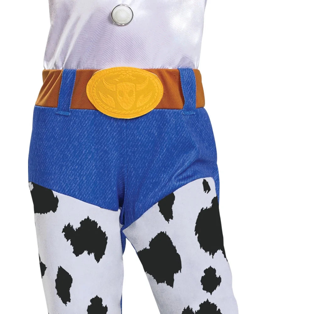 Close-up of the costume's gold buckle, brown belt, denim-print waist and cow-print chaps