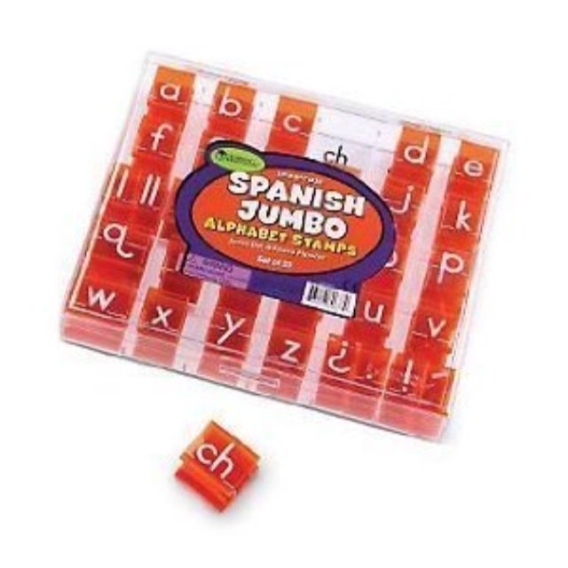 Clear case of orange jumbo lowercase Spanish letter stamps with a loose ch stamp