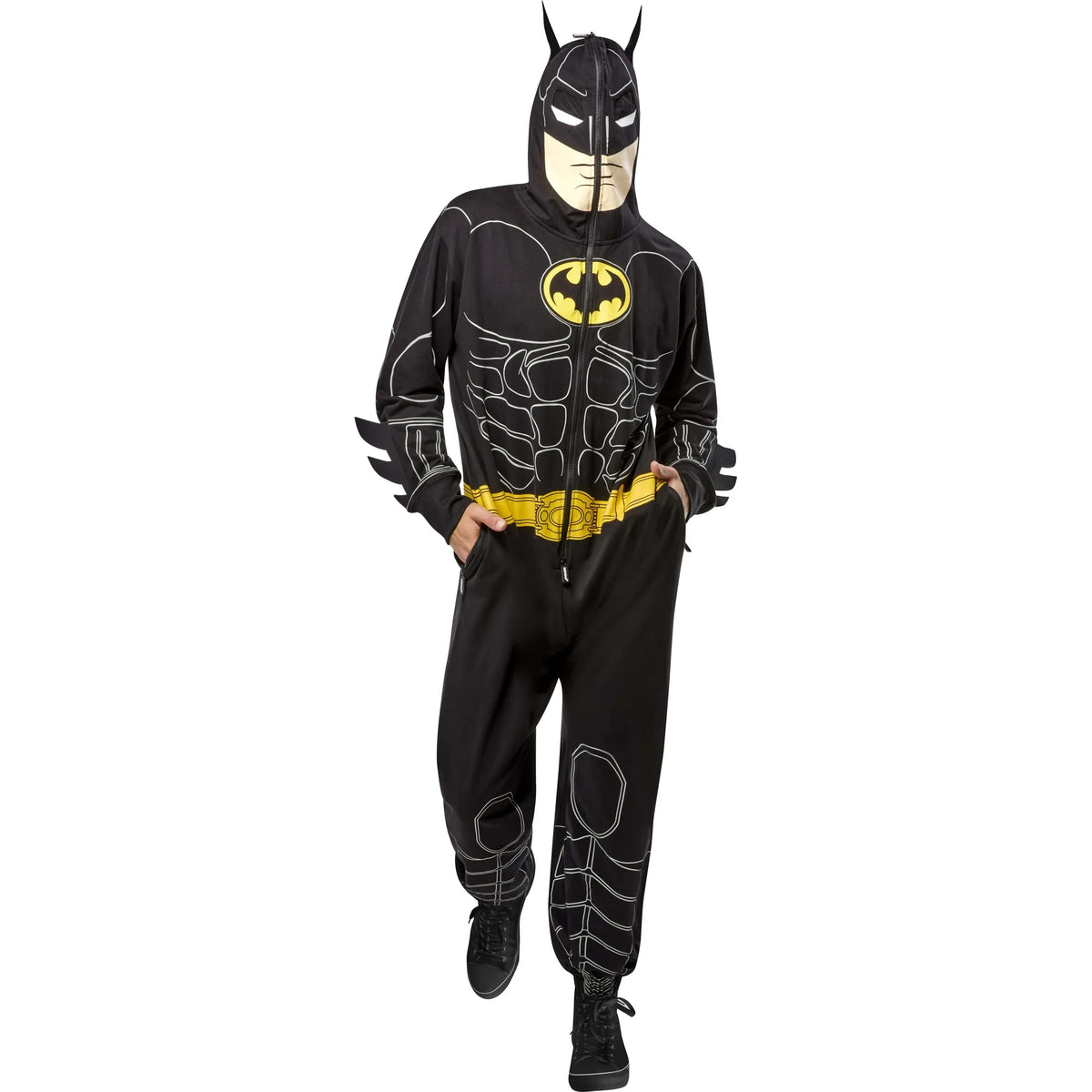 Man with hands in the side zip pockets of the black bat hero onesie