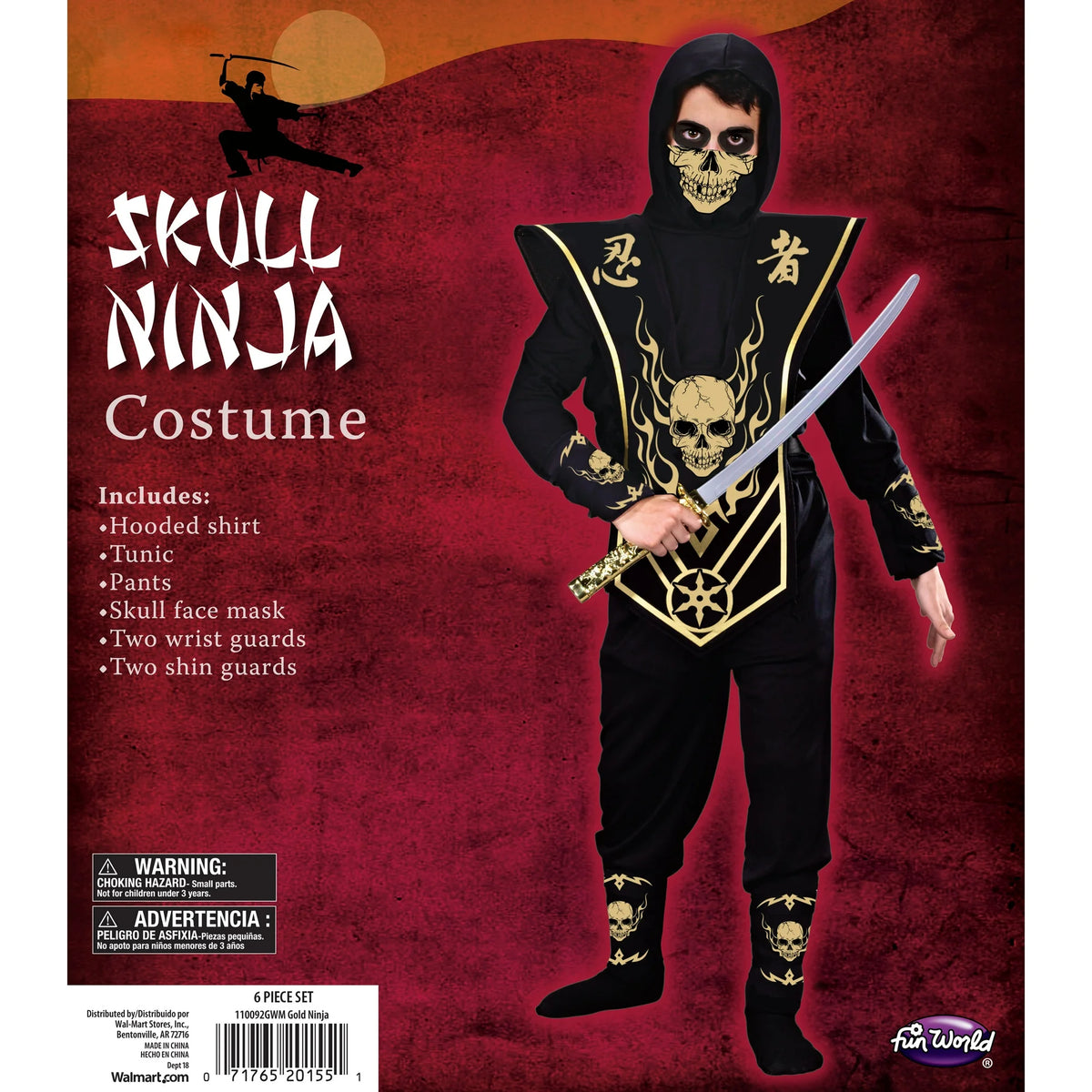 Package front of the 6-piece skull ninja costume listing hooded shirt, tunic, pants, mask and guards