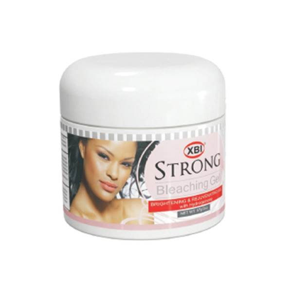 White jar of strong bleaching gel with a pink label showing a woman's face