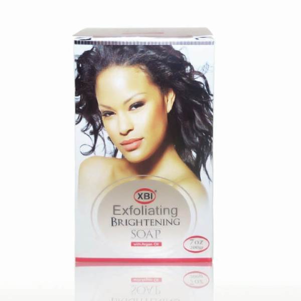 Front of the 7 oz exfoliating brightening soap box with a woman with dark wavy hair