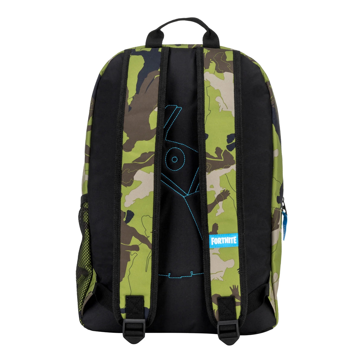 Back of the camo backpack with blue stitched llama outline and padded straps