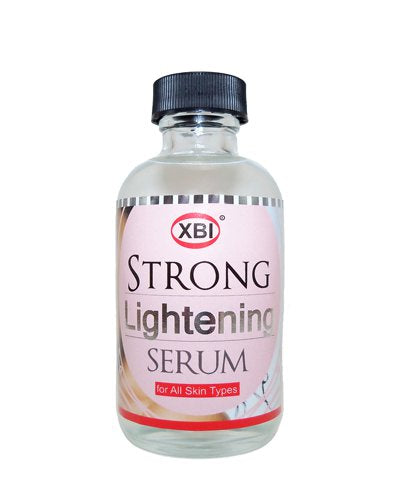 Clear 2 oz glass bottle of strong lightening serum with a black cap and pink label