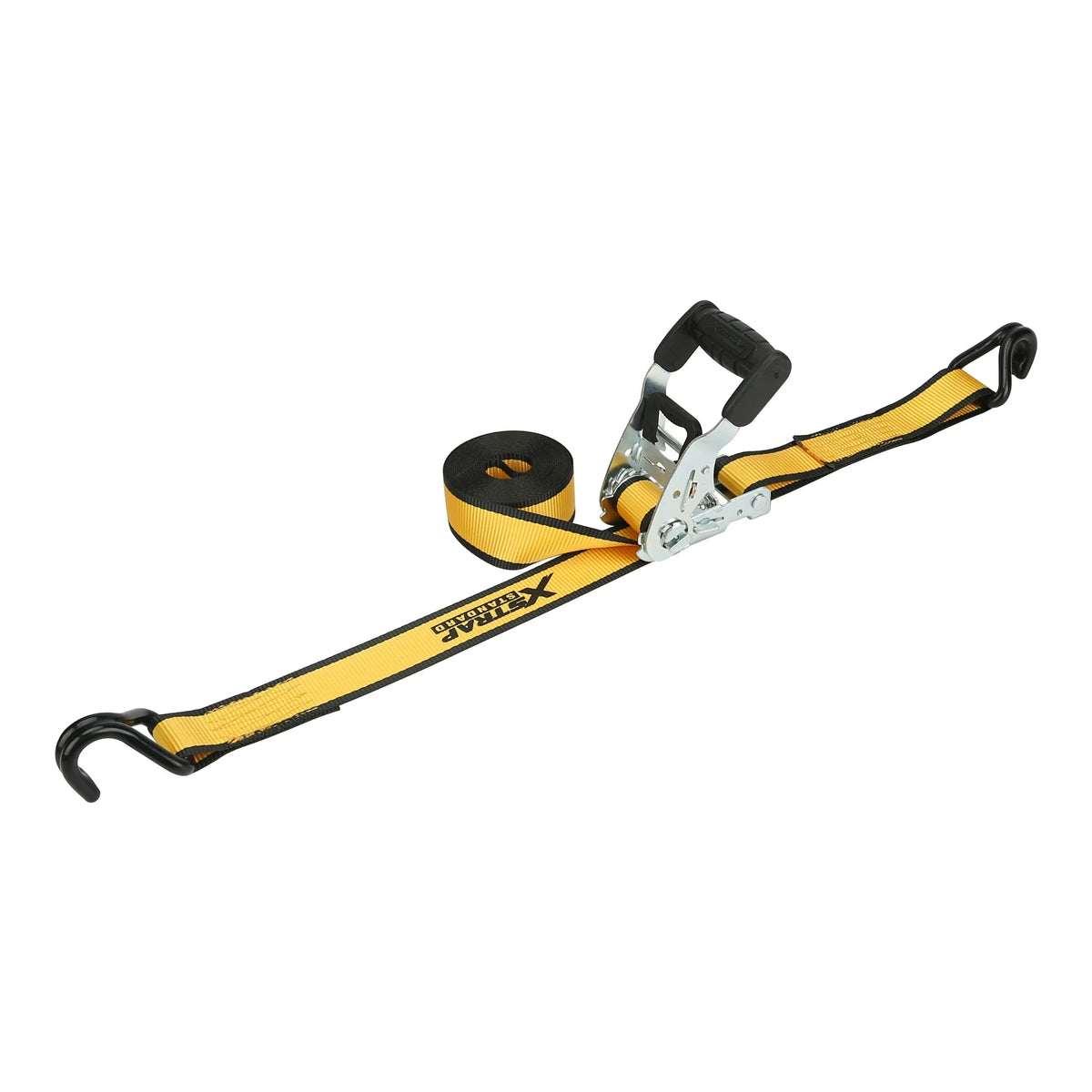 Single yellow ratchet strap with the coiled webbing and J hooks at each end