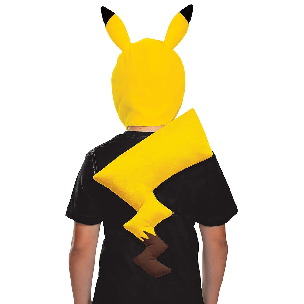 Back view of the yellow eared hood and zigzag plush tail over a black T-shirt