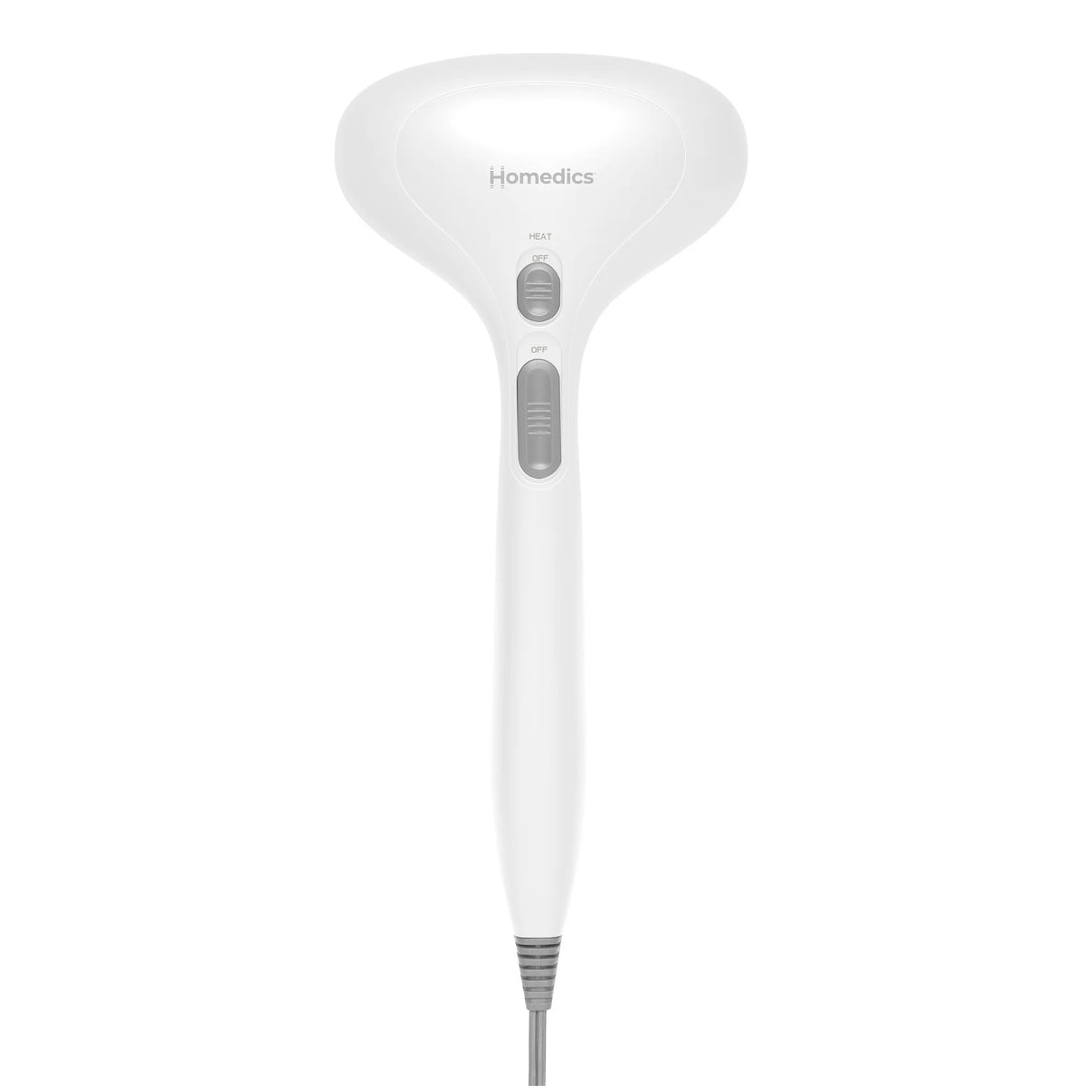 Top view of the white massager showing the heat switch and speed slider