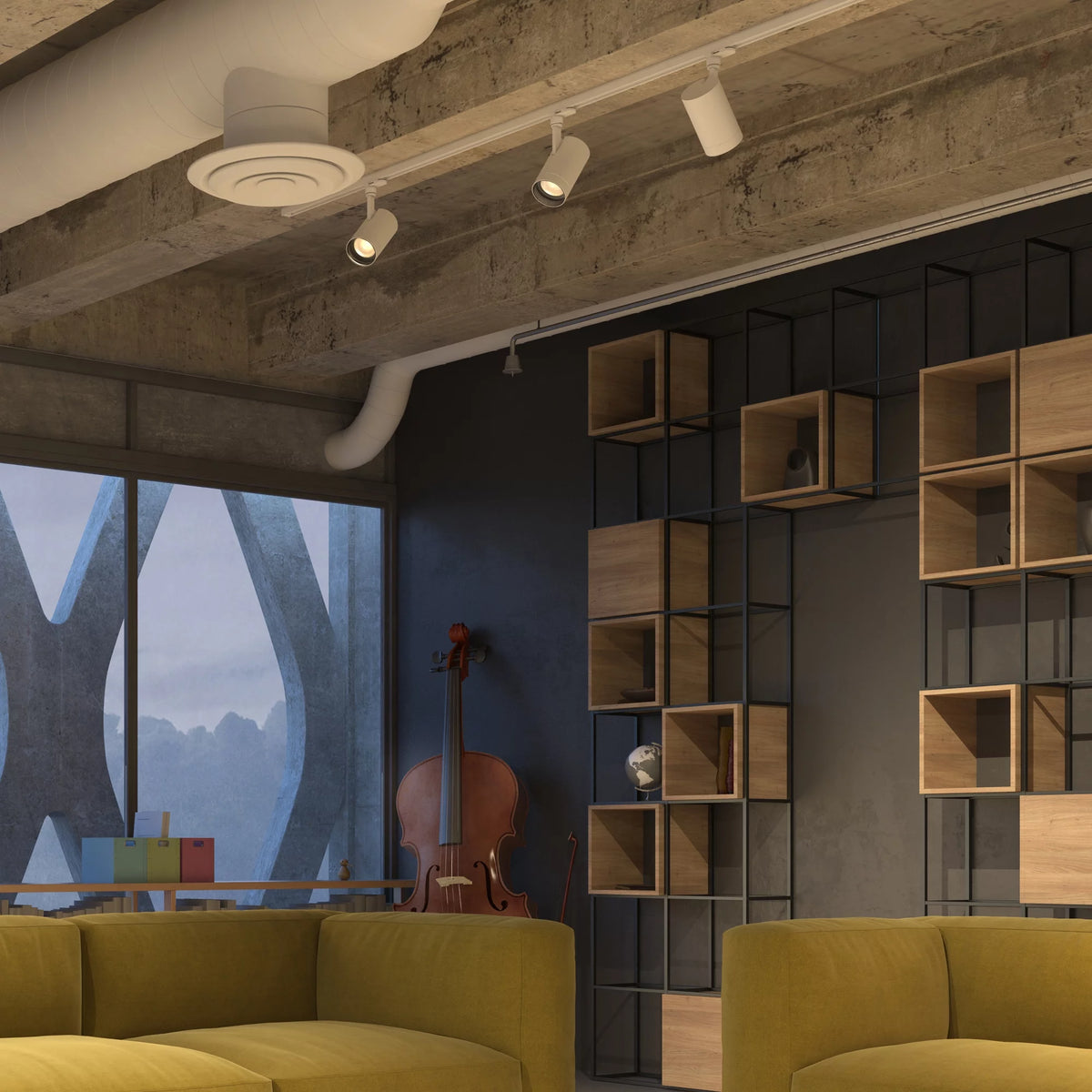 Loft living room with track spotlights on a concrete ceiling above yellow sofas and a cello