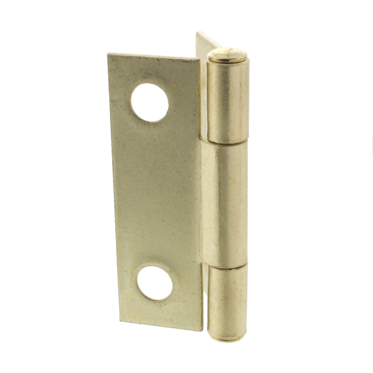 Brass hinge partly opened, seen from the leaf side with two screw holes