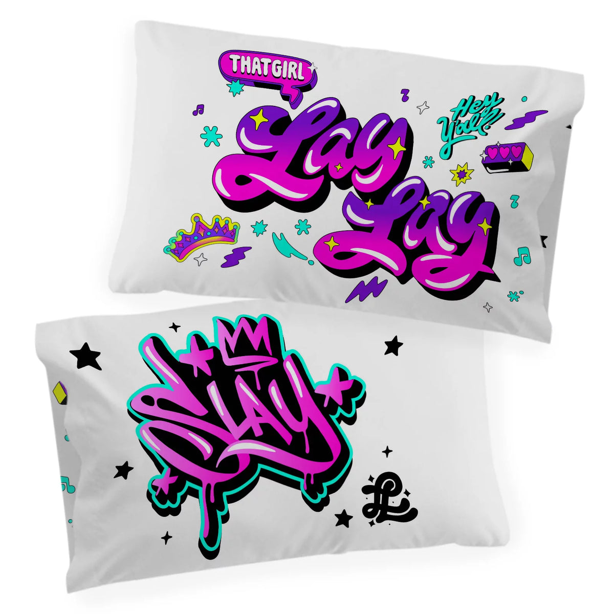 Two Lay Lay pillowcases, one with pink Lay Lay lettering and one reading Slay