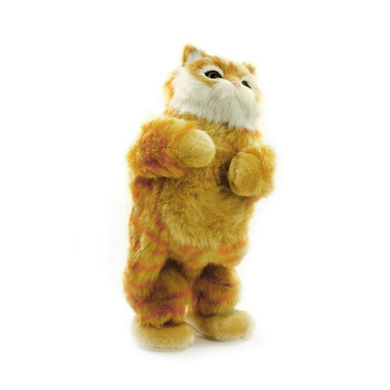 Orange striped plush cat speaker standing with paws raised, side view