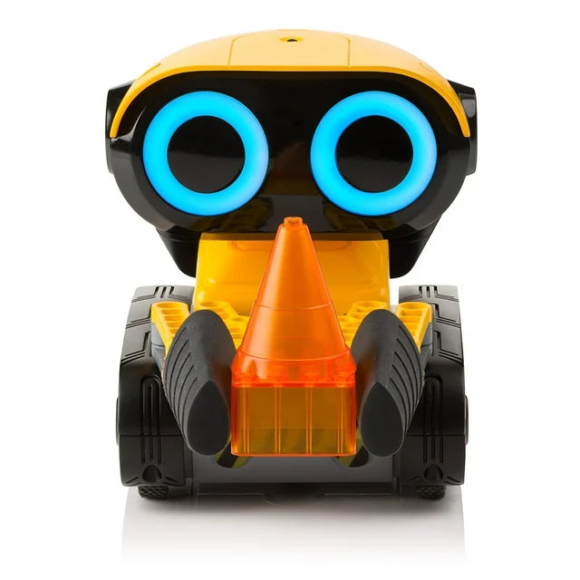 Front of the yellow robot gripping an orange cone between its black claws
