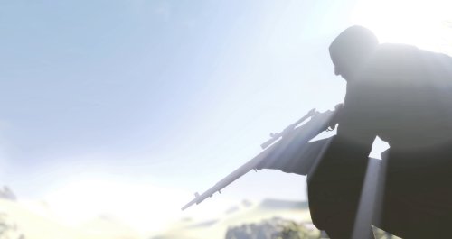 Silhouette of a crouching sniper with a scoped rifle against a bright sky