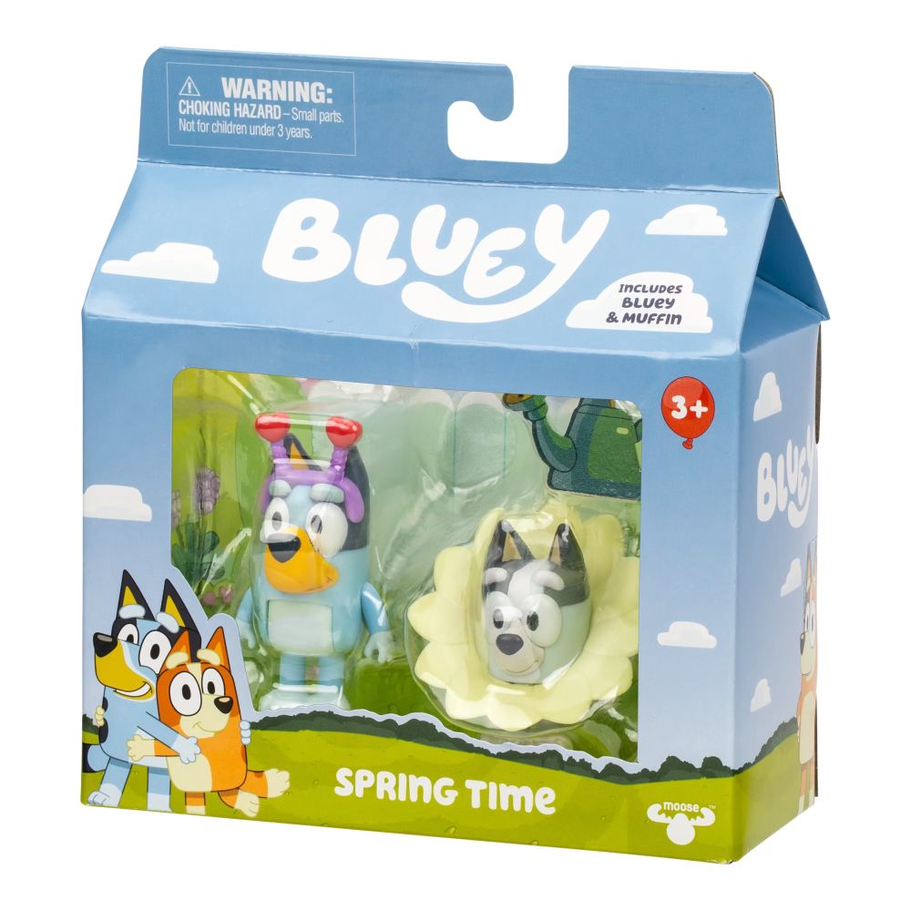 Bluey Spring Time figure box shown from the side at an angle