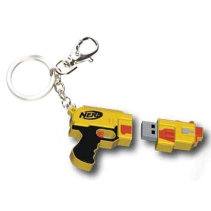 Smaller view of the yellow blaster USB drive keychain and its USB end