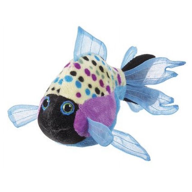 Polka dot plush fish with big blue eyes and flowing sheer blue tail