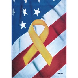 Flag with a yellow ribbon over a waving American flag