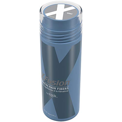 Tall blue-grey shaker bottle of gray keratin hair fibers, 28 g
