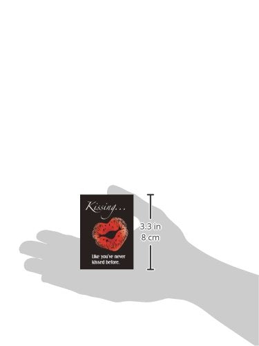 Size guide showing the black lips magnet booklet in a hand, 3.3 inches tall