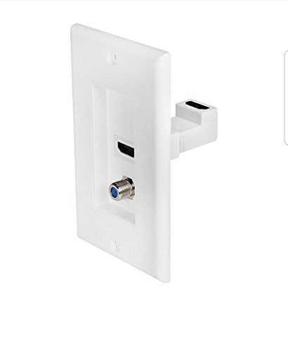 White decorative wall plate with one HDMI port and one coax F connector