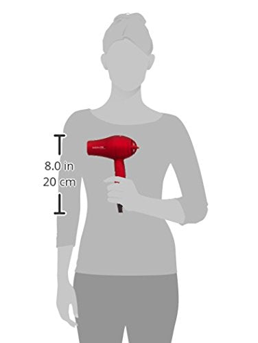 Size guide showing the red travel dryer held in a hand, 8 inches tall