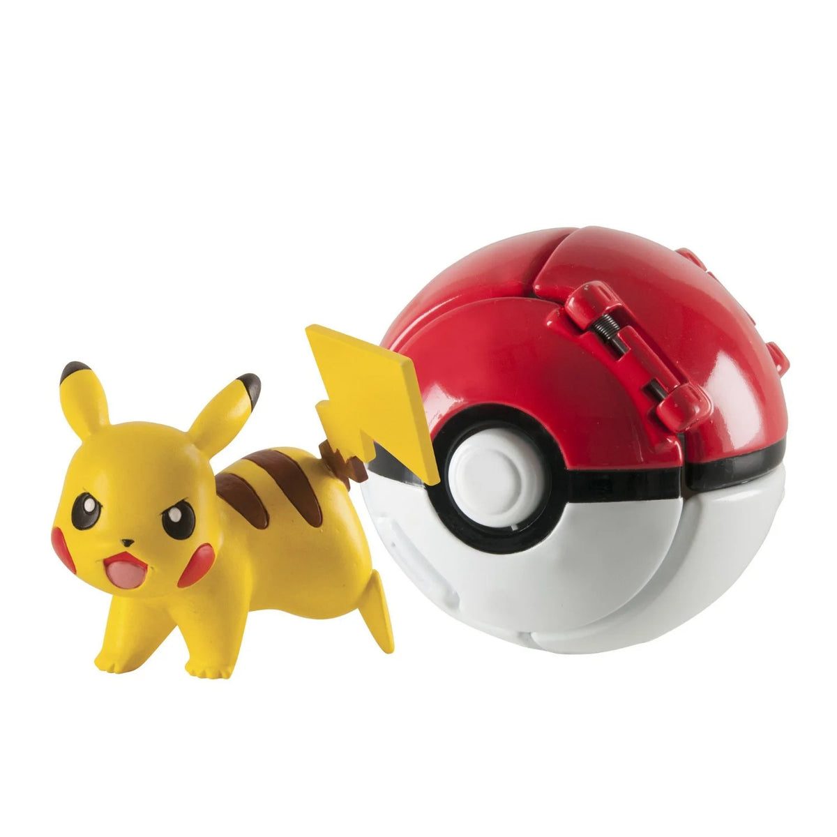 Yellow electric mouse figure with a lightning tail beside a red and white pop-open capture ball