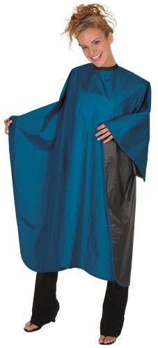 Small view of a woman in a teal styling cape held open to show its black reverse side