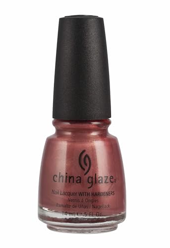 Bottle of rosy copper shimmer nail polish, front view