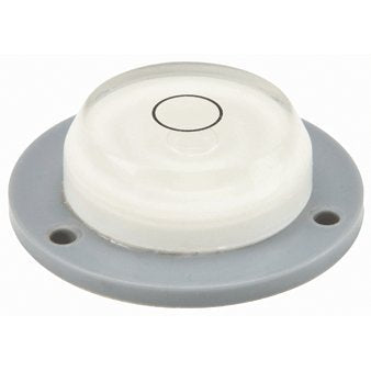Round bullseye bubble level with clear vial on a grey mounting flange with screw holes