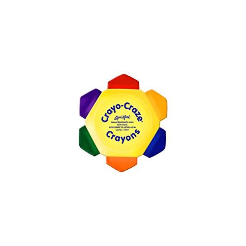Six-colour crayon wheel with red, orange, blue, green and purple points around a yellow hub