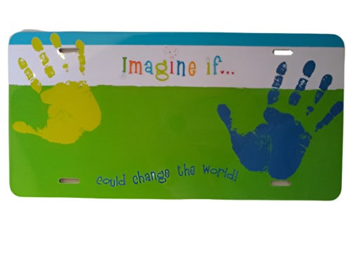 Green and white metal plate with yellow and blue handprints and Imagine if text
