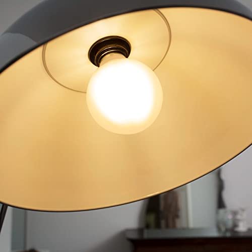 Frosted globe bulb glowing inside a grey dome lamp shade