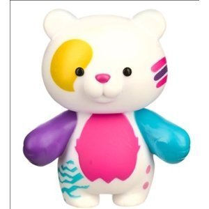 White bear figure with a pink belly, purple and teal arms and a yellow eye patch