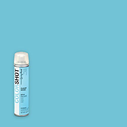 Clear Skies spray paint can on a solid swatch of its sky blue colour