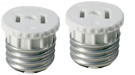 Pair of white bulb socket to outlet adapters with metal screw bases
