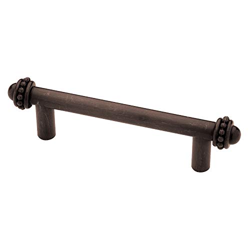 Dark oil-rubbed bronze bar drawer pull with beaded rings at each end