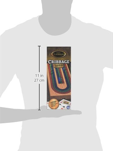 Cribbage box held in a hand on a body outline, marked 11 inches tall