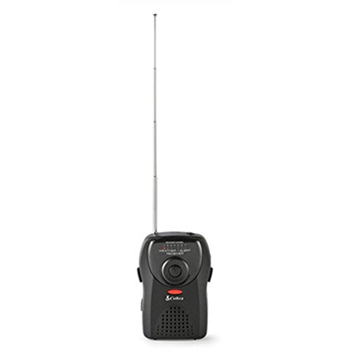 Black weather radio standing upright with its telescopic antenna fully extended