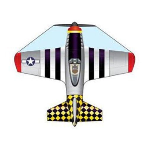 Silver P-51 Mustang plane kite with black stripes and a yellow checkered tail