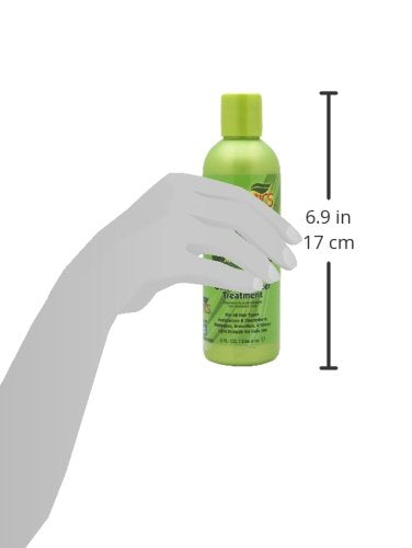 Size guide showing the green hair oil bottle in a hand, 6.9 inches tall