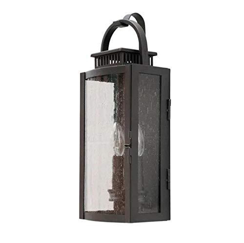 Satin black lantern-style outdoor wall light with seeded glass panels and top hook