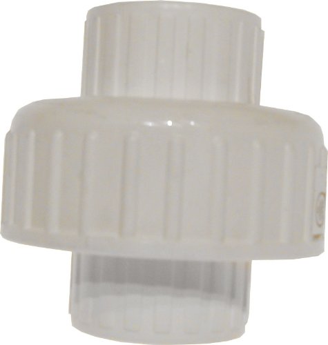 White PVC union fitting with a ridged centre nut, side view