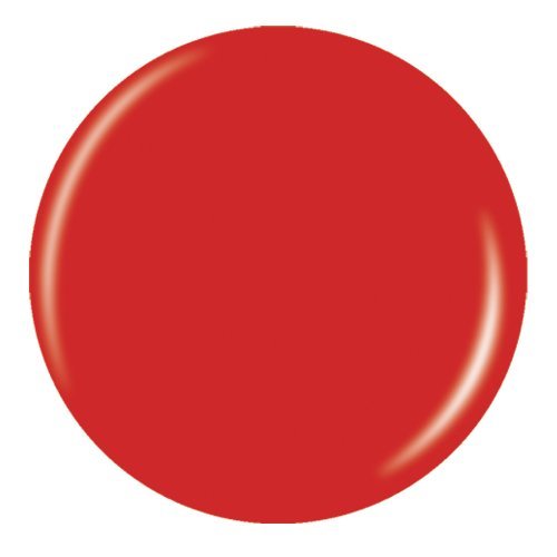 Round swatch of bright poppy red creme polish