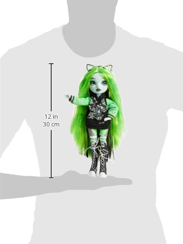 Green-haired doll held on a palm against a silhouette, about 12 inches tall
