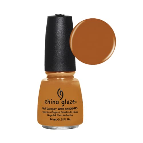 Caramel polish bottle beside a round burnt orange swatch