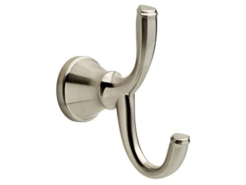 Brushed nickel double robe hook with a round wall mount and curved arms