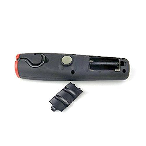Back of the work light with the battery cover off, showing the magnet and fold-out hook