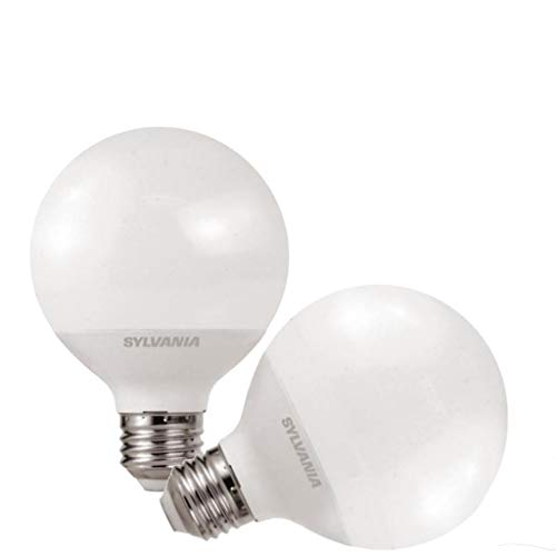 Two frosted white G25 globe LED bulbs with medium screw bases