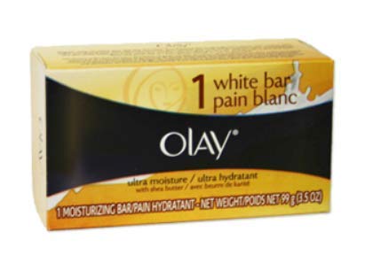 Boxed Olay Ultra Moisture white beauty bar with shea butter in a gold and black carton
